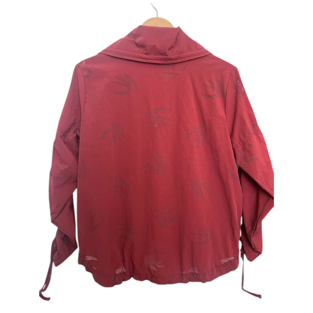 Nanette Lepore Burgundy Laser Cut Perforated Bird Zip Up Jacket‎ Ruched Sleeve M
